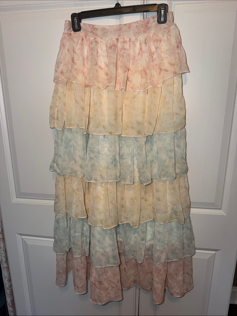 Heyson Tiered Maxi Skirt in Pastel Pink, Yellow & Blue